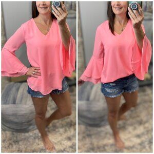 ❤️‍🔥Layered Bell Sleeve Lined Dressy Top Neon Pink 4721